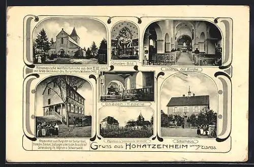AK Hohatzenheim /U. Elsass, Restaurant zum Burgritter, Schulhaus, Wallfahrtskirche und Gnadenbild