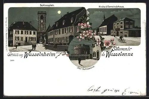 Mondschein-Lithographie Wasselnheim, Schlossplatz, Kirche und Gemeindehaus, Alter Schlossturm