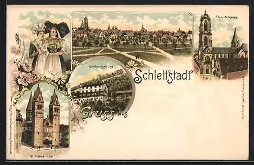 Lithographie Schlettstadt, St. Fideskirche, Hohkönigsburg, Dom St. Georg