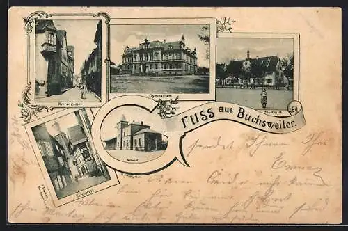 AK Buchsweiler, Herrengasse, Gymnasium, Bahnhof, Stadthaus und Kirchplatz