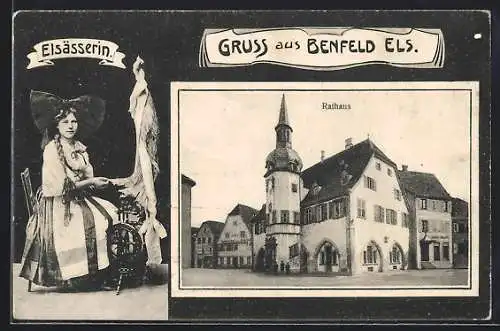 AK Benfeld /Els., Rathaus und Elsässerin in Tracht
