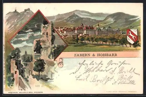 Lithographie Zabern, Stadtansicht mit Hohbarr, Wappen und Ruine