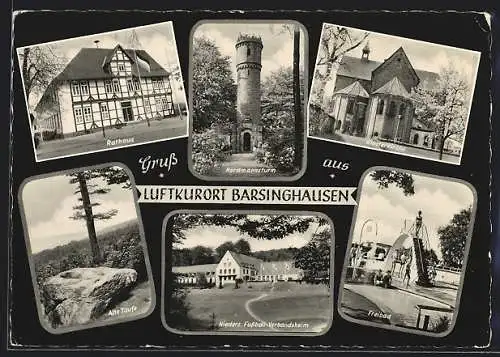 AK Barsinghausen, Rathaus, Nordmannsturm, Klosterkirche, Nieders. Fussball-Verbandsheim, Freibad