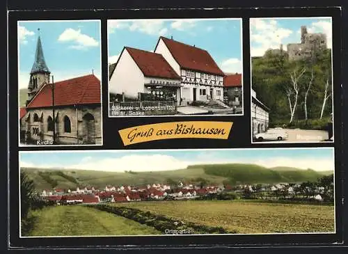 AK Bishausen, Bäckerei und Lebensmittel Heinr. Saake, Kirche, Burgruine, Gesamtansicht