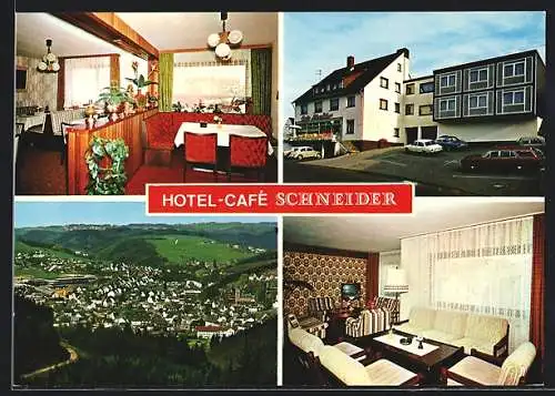 AK Morsbach / Sieg, Hotel-Cafe Schneider, Innen und Aussenansicht, Ortsansicht