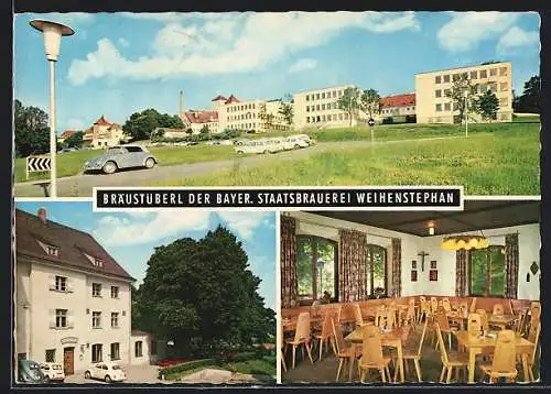 AK Freising, Gasthaus Bräustüberl d. Bayer. Staatsbrauerei Weihenstephan, Aussen- u. Innenansichten