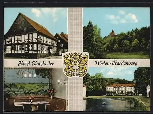 AK Nörten-Hardenberg, Hotel Ratskeller, Inh. Josefine Menk mit Blick auf Burg