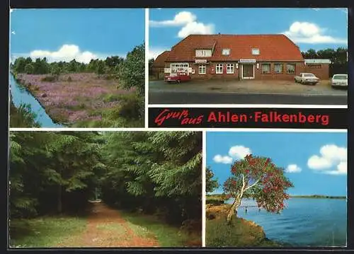 AK Ahlen-Falkenberg, Strassenpartie mit Geschäft Moorquelle, Waldblick, Partie am Wasser