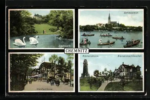 AK Chemnitz, Ruderboote auf dem Schlossteich, Bismarckturm, Gasthaus Waldschänke