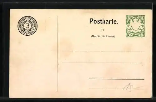 Künstler-AK Nürnberg, Bayer. Jubiläums-Landes-Ausstellung, Haupt-Eingang, Ganzsache Bayern 5 Pfennig Nr. 3