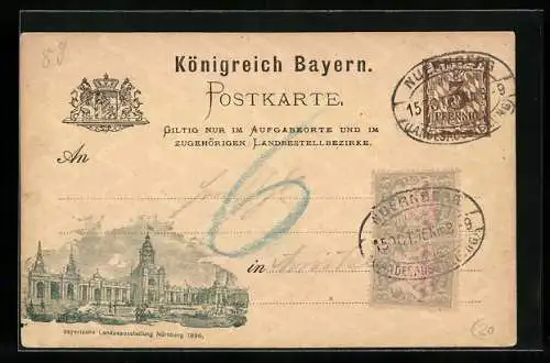 AK Nürnberg, Bayerische Landesausstellung 1896, Ganzsache Bayern 3 Pfennig