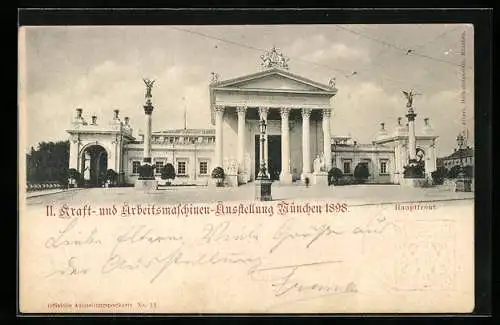 AK München, II. Kraft- und Arbeitsmaschinen-Ausstellung 1898, Hauptfront, Ganzsache Bayern 5 Pfennig