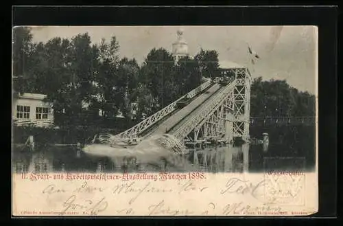 AK München, 2. Kraft- & Arbeitsmaschinen-Ausstellung 1898, Wasserbahn, Ganzsache Bayern 5 Pfennig