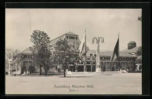 AK München, Ausstellung 1908, Blick auf Halle I. Ganzsache Bayern 5 Pfennig