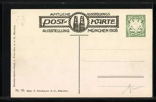 AK München, Ausstellung 1908, Blick auf Halle I. Ganzsache Bayern 5 Pfennig