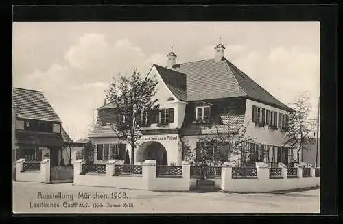 AK München, Ausstellung 1908, Ländliches Gasthaus, Ganzsache Bayern 5 Pfennig