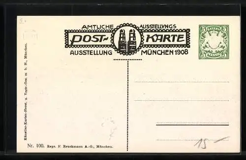 AK München, Ausstellung 1908, Ländliches Gasthaus, Ganzsache Bayern 5 Pfennig