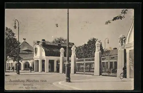 AK München, Ausstellung 1908, Eingang zum Ausstellungspark, Ganzsache Bayern 5 Pfennig