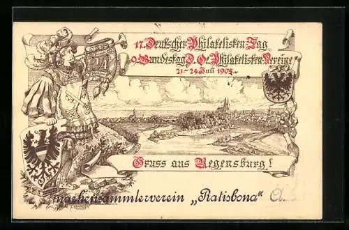 Lithographie Regensburg, 17. Deutscher Philatelisten-Tag 1905, Panorama, Ganzsache Bayern 3 Pfennig