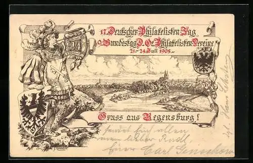 Lithographie Regensburg, 17. Deutscher Philatelisten-Tag 21.-24.07.1905, Panorama, Ganzsache Bayern 5 Pfennig