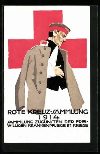 Künstler-AK Ludwig Hohlwein: Rote Kreuz-Sammlung 1914, Verwundeter Soldat, Ganzsache Bayern 5 Pfennig