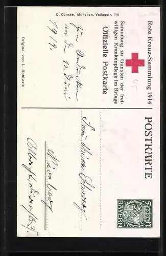 Künstler-AK Ludwig Hohlwein: Rote Kreuz-Sammlung 1914, Verwundeter Soldat, Ganzsache Bayern 5 Pfennig