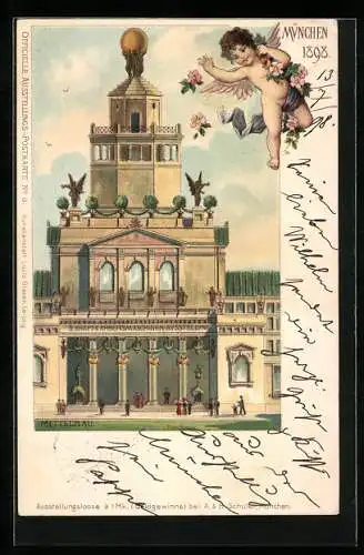 Lithographie München, II. Kraft- & Arbeitsmaschinen-Ausstellung 1898, Mittelbau, Ganzsache Bayern