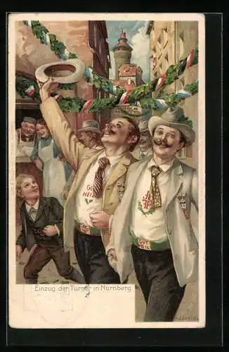 AK Nürnberg, X. Deutsches Turnfest 1903, Karte Nr. 1, Die Feststadt, Einzug der Turner, Ganzsache Bayern