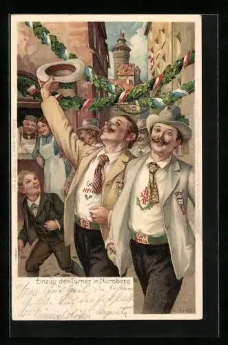 AK Nürnberg, X. Deutsches Turnfest 1903, Karte Nr. 1, Die Feststadt, Einzug der Turner, Ganzsache Bayern