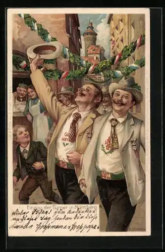 AK Nürnberg, X. Deutsches Turnfest 1903, Karte Nr. 1, Die Feststadt, Einzug der Turner, Ganzsache Bayern