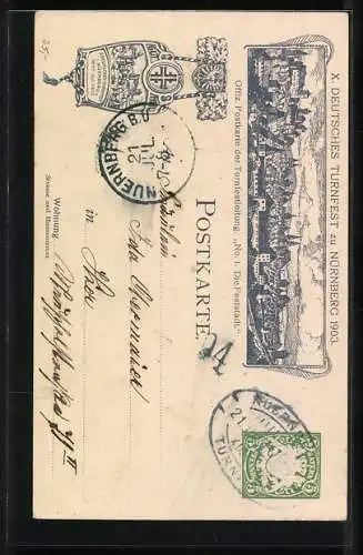 AK Nürnberg, X. Deutsches Turnfest 1903, Karte Nr. 1, Die Feststadt, Einzug der Turner, Ganzsache Bayern