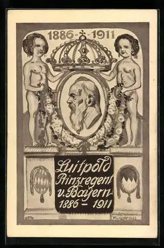 Künstler-AK Prinzregent Luitpold v.Bayern 1886-1911, Profilbild, Kinder halten Krone, Ganzsache Bayern