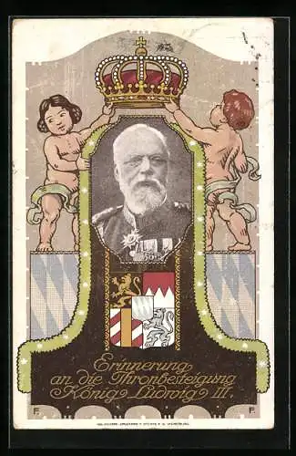 AK Erinnerung an die Thronbesteigung König Ludwig III., Portrait, Kinder mit Krone, Ganzsache Bayern