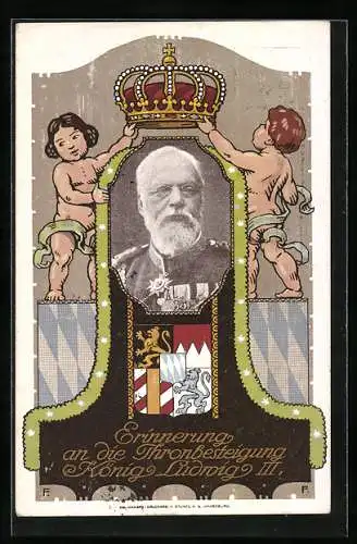 AK Erinnerung an die Thronbesteigung König Ludwig III., Portrait, Kinder mit Krone, Ganzsache Bayern