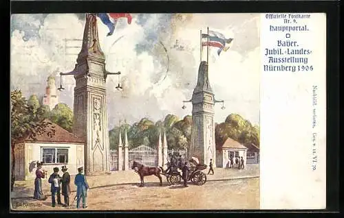 Künstler-AK Nürnberg, Bayer. Jubil.-Landes-Ausstellung 1906, Hauptportal mit Besuchern, Ganzsache Bayern