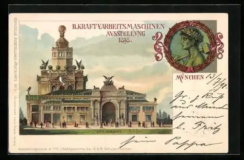Lithographie München, II. Kraft- und Arbeitsmaschinen-Ausstellung 1898, Südlicher Eingang, Ganzsache Bayern