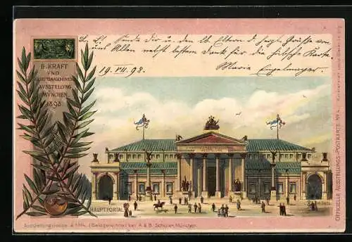 Lithographie München, II. Kraft- & Arbeitsmaschinen-Ausstellung1898 Hauptportal, Ganzsache Bayern