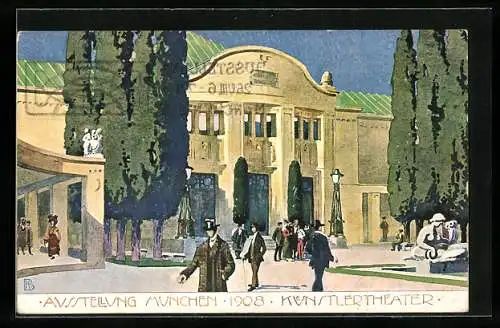 Künstler-AK München, Ausstellung 1908, Besucher vor dem Künstlertheater, Ganzsache Bayern