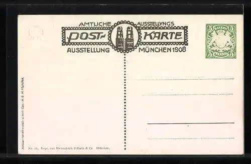 AK München, Ausstellung 1908, Künstlertheater, Ganzsache Bayern