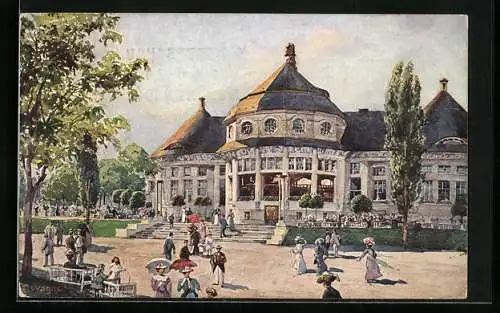 Künstler-AK München, Bayrische Gewerbeschau-Ausstellung 1912, Blick zum Hauptrestaurant, Ganzsache Bayern