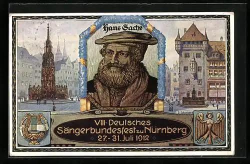 AK Nürnberg, VIII. Deutsches Sängerbundfest 1912, Hans Sachs, Harfe, Ganzsache Bayern