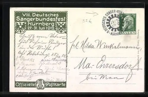 AK Nürnberg, VIII. Deutsches Sängerbundfest 1912, Hans Sachs, Harfe, Ganzsache Bayern