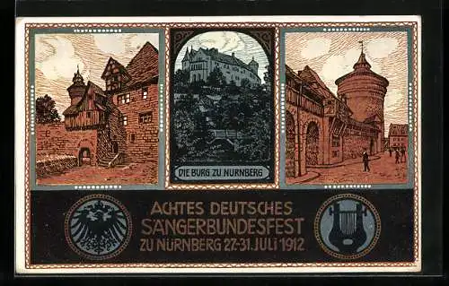 AK Nürnberg, VIII. Deutsches Sängerbundfest 1912, Burg zu Nürnberg, Harfe, Wappen, Ganzsache Bayern