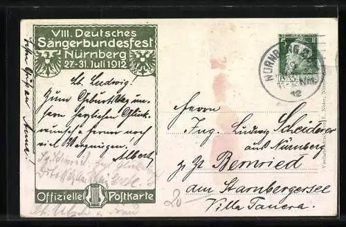 AK Nürnberg, VIII. Deutsches Sängerbundesfest 1912, Harfespielerin und deutsche Wappen, Ganzsache Bayern