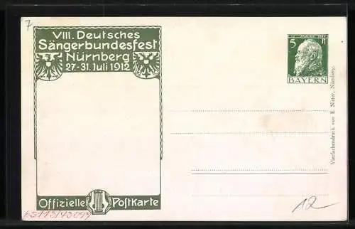 AK Nürnberg, VIII. Deutsches Sängerbundesfest 1912, Wappen, Ganzsache Bayern