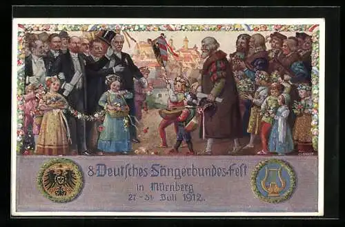 Künstler-AK Nürnberg, VIII. Deutsches Sängerbundfest 1912, geschmückte Kinder, Wappen, Ganzsache Bayern