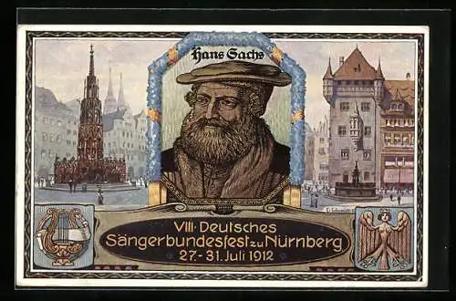 AK Nürnberg, VIII. Deutsches Sängerbundfest 1912, Hans Sachs, Harfe, Ganzsache Bayern