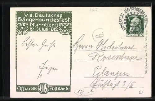 AK Nürnberg, VIII. Deutsches Sängerbundesfest, 27. - 31. Juli 1912, Ganzsache Bayern