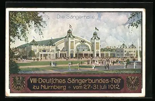 AK Nürnberg, VIII. Deutsches Sängerbundes-Fest 1912, Die Sängerhalle, Wappen, Ganzsache Bayern