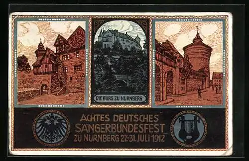 AK Nürnberg, VIII. Deutsches Sängerbundfest 1912, Burg zu Nürnberg, Harfe, Wappen, Ganzsache Bayern